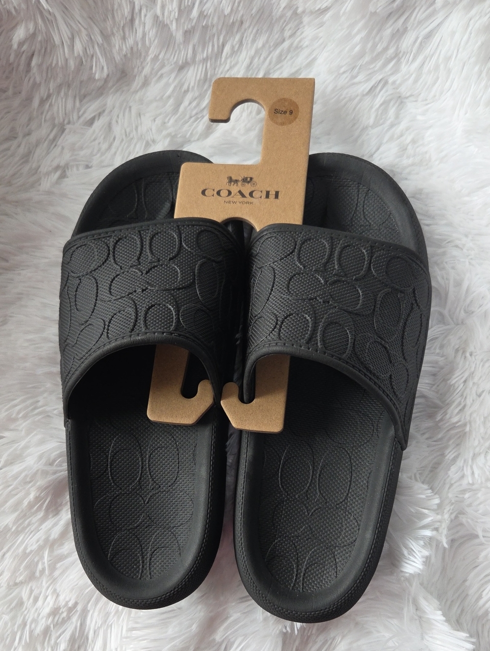 Coach Black Embossed Logo Slide Sandals. NWT